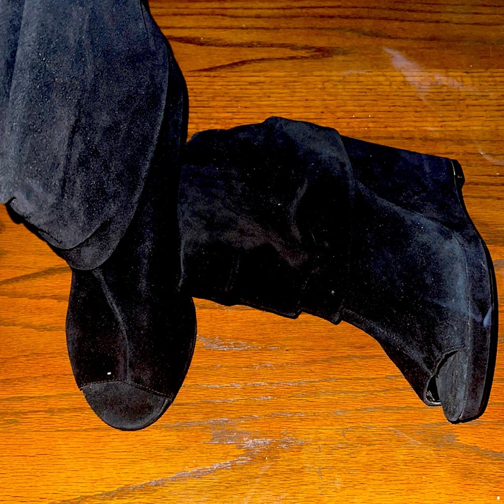 Black suede wedge booties NWOT